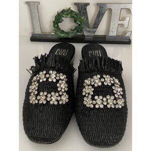 Bibi Lou Raffia Gem Jeweled Mule Slide Slip On Slipper Shoes Woven Black Sz 36/6